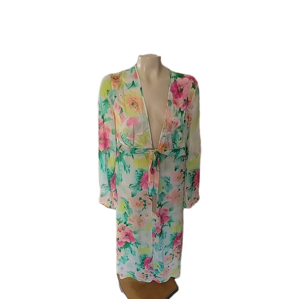 Delicates pastel floral sheer robe Tie Waist M Long Sexy Athleisure Nightgown‎